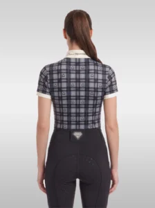 Back view of the grey Heritage check base layer with white cuffs and Diamont Equestrian collar tape