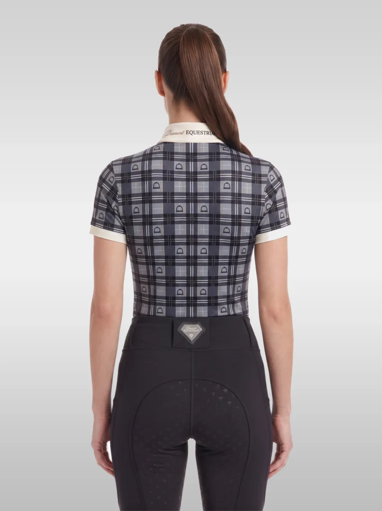 Back view of the grey Heritage check base layer with white cuffs and Diamont Equestrian collar tape