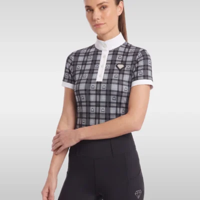 Grey Heritage check short sleeve base layer by Diamont Equestrian with white stand-up collar and silver diamond badge, front three-quarter view