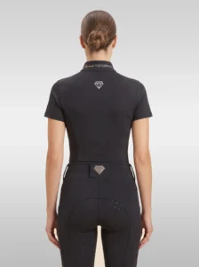 Back view of the black Prestige riding shirt with diamond logo between the shoulders and Diamont Equestrian lettering on the collar