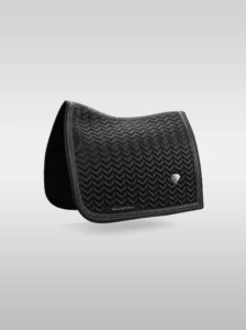 Black Prestige dressage saddle pad by Diamont Equestrian with chevron quilting, contrast piping and a metal diamond badge