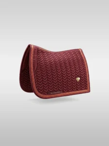Burgundy Prestige dressage saddle pad by Diamont Equestrian with chevron quilting, contrast piping and a metal diamond badge