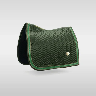 Green Prestige dressage saddle pad by Diamont Equestrian with chevron quilting, contrast piping and a metal diamond badge