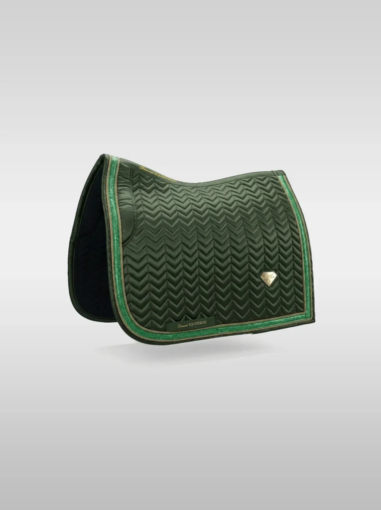 Green Prestige dressage saddle pad by Diamont Equestrian with chevron quilting, contrast piping and a metal diamond badge