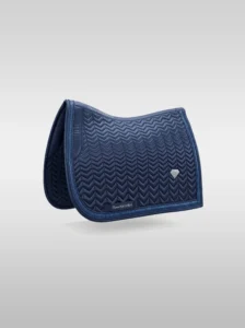 Navy Prestige dressage saddle pad by Diamont Equestrian with chevron quilting, contrast piping and a metal diamond badge