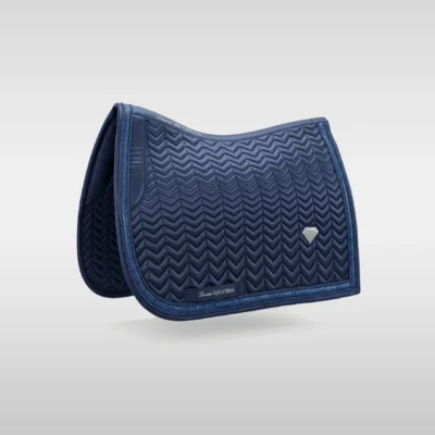 Navy Prestige dressage saddle pad by Diamont Equestrian with chevron quilting, contrast piping and a metal diamond badge