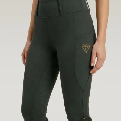 Green Prestige riding leggings by Diamont Equestrian with diamond logo on the side pocket and diamond silicone grip, front three-quarter view