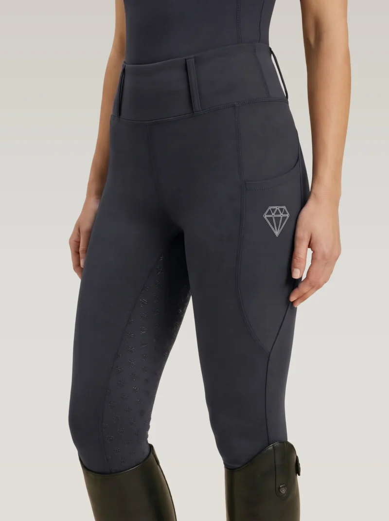 Grey Prestige riding leggings by Diamont Equestrian with diamond logo on the side pocket and diamond silicone grip, front three-quarter view