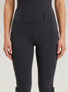 Front view of grey Prestige riding leggings by Diamont Equestrian with high-rise waistband and belt loops