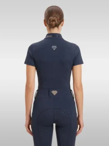 Back view of the navy Prestige riding shirt with diamond logo between the shoulders and Diamont lettering on the collar