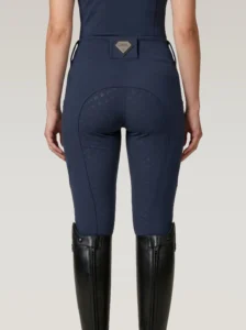 Back view of navy Prestige riding leggings with Diamont Equestrian waistband badge and full-seat silicone grip