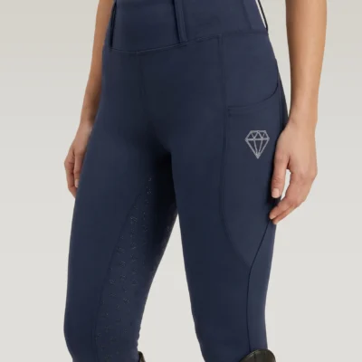 Navy Prestige riding leggings by Diamont Equestrian with diamond logo on the side pocket and diamond silicone grip, front three-quarter view