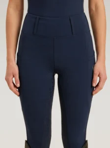 Front view of navy Prestige riding leggings by Diamont Equestrian with high-rise waistband and belt loops