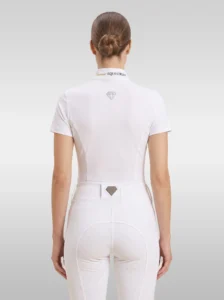 Back view of the white Prestige riding shirt with diamond logo between the shoulders and Equestrian lettering on the collar