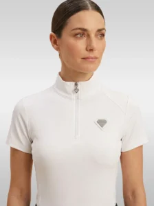 Front view of the white Prestige base layer by Diamont Equestrian with high collar, silver zip and diamond badge