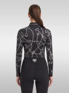 Back view of the black Signature long sleeve riding shirt with all-over silver chain, bit and stirrup print