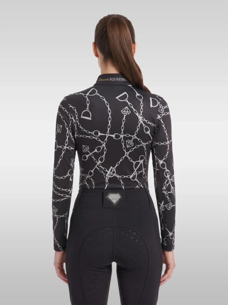 Back view of the black Signature long sleeve riding shirt with all-over silver chain, bit and stirrup print