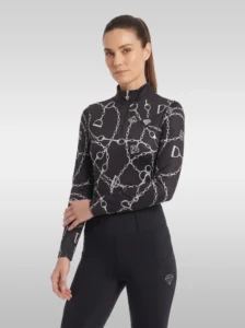 Black Signature long sleeve base layer by Diamont Equestrian with silver chain and stirrup print, quarter-zip and silver diamond badge, front three-quarter view