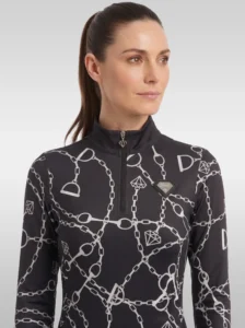 Front view of the black Signature long sleeve equestrian base layer with stand-up collar, silver zip and silver diamond badge