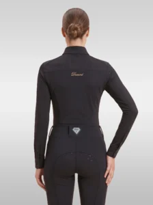 Back view of the black Prestige long sleeve riding shirt with Diamont script across the shoulders