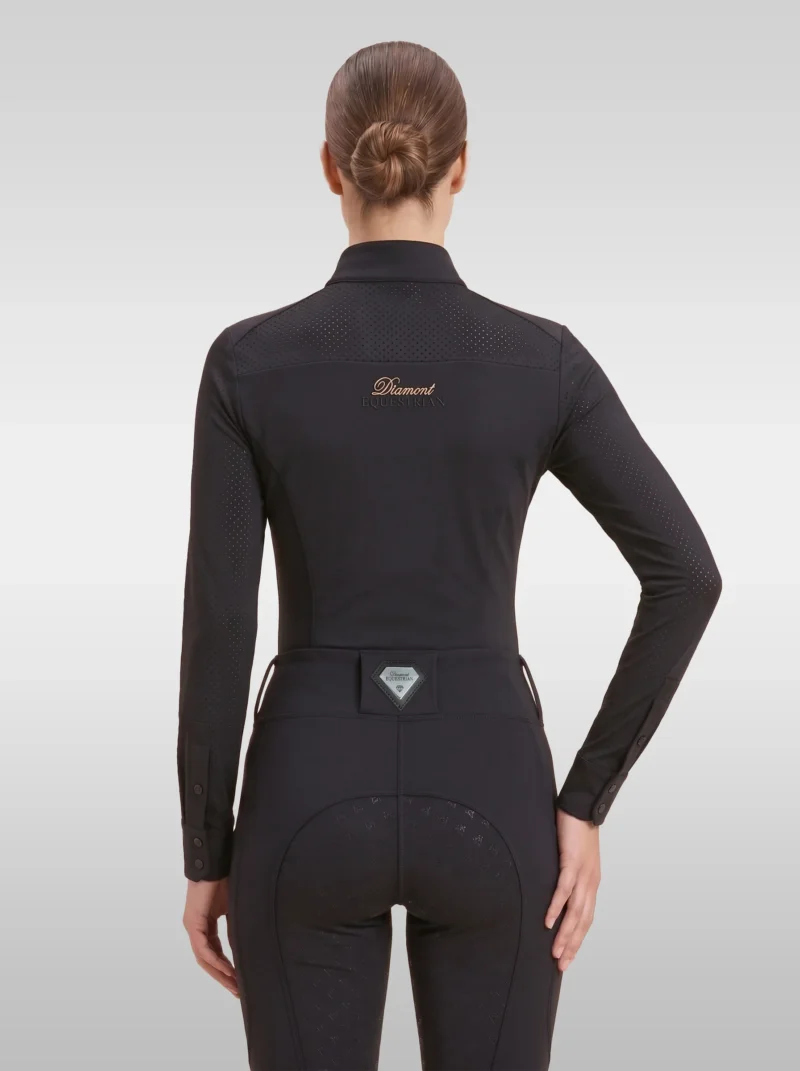 Back view of the black Prestige long sleeve riding shirt with Diamont script across the shoulders