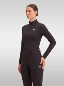 Black Prestige long sleeve base layer by Diamont Equestrian with quarter-zip, perforated shoulders and silver metal diamond badge, front three-quarter view