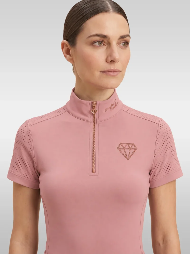 Front view of the blush pink Allure base layer by Diamont Equestrian with rose-gold quarter-zip and diamond logo
