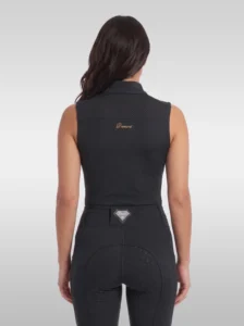 Back view of the black Prestige sleeveless riding top with Diamont script between the shoulders