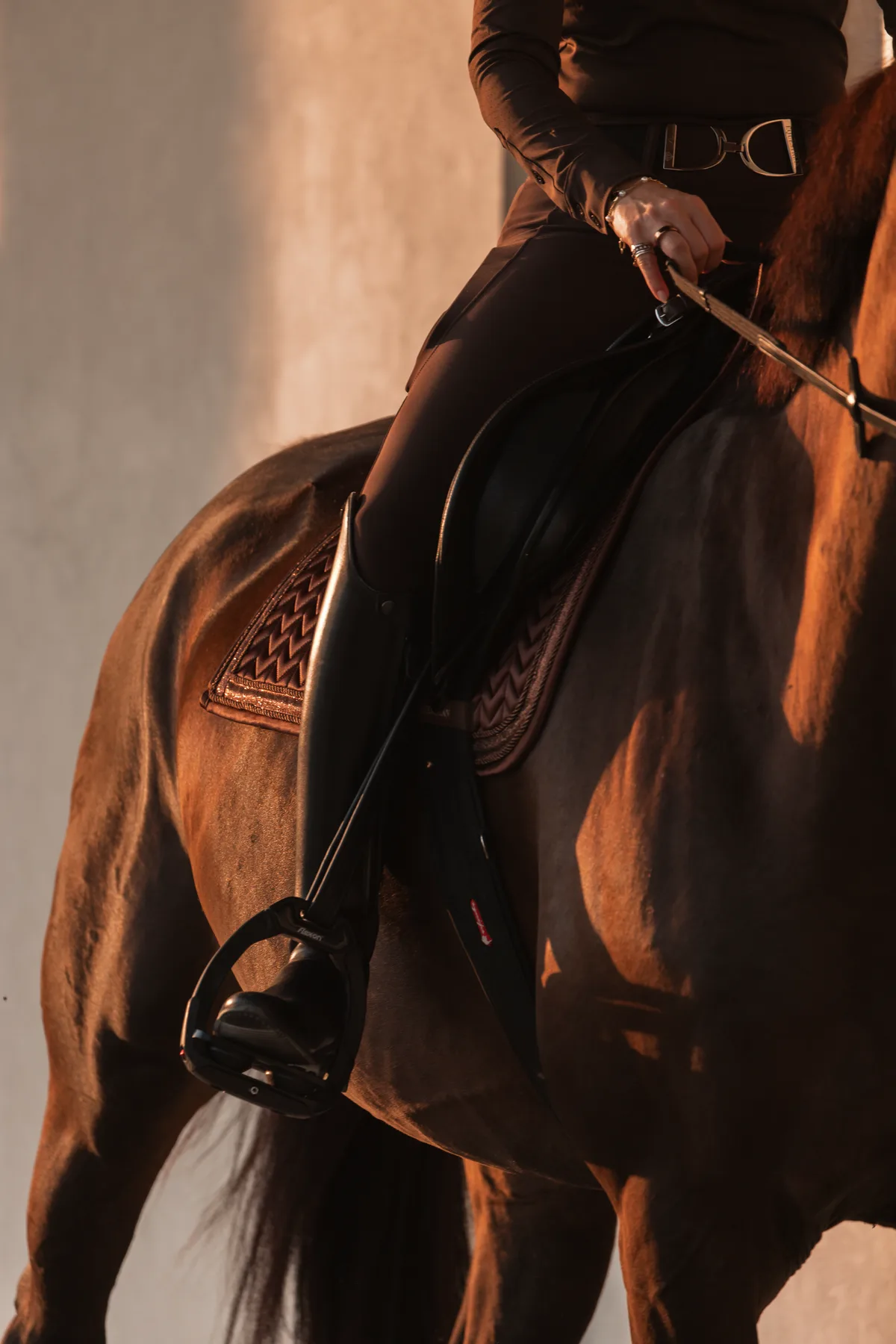 Rider in Diamont Equestrian riding wear and stirrup belt on a bay horse with a chocolate saddle pad