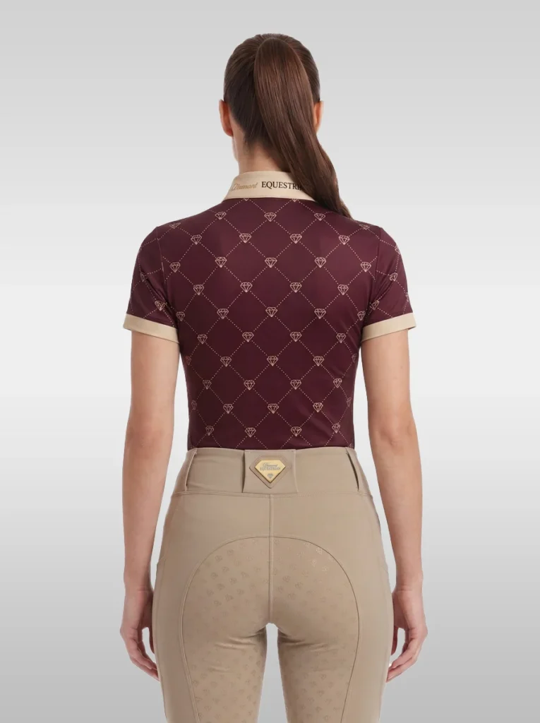 Back view of the burgundy Diamont base layer with all-over diamond print, beige cuffs and Diamont Equestrian collar tape