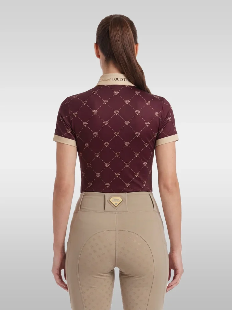 Back view of the burgundy Diamont base layer with all-over diamond print, beige cuffs and Diamont Equestrian collar tape