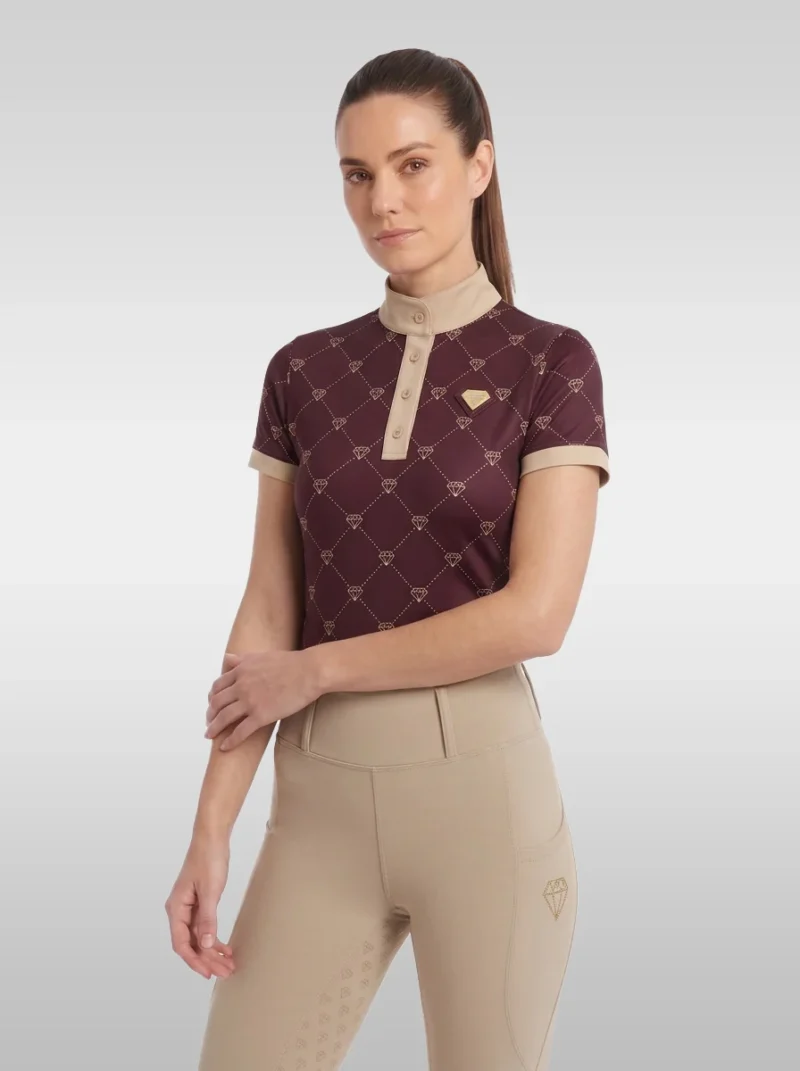 Burgundy Diamont short sleeve base layer with gold diamond monogram print, beige stand-up collar and gold diamond badge, front three-quarter view