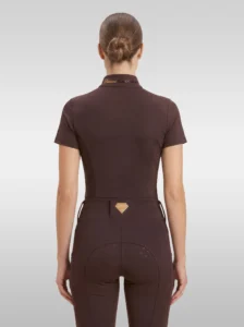 Back view of the chocolate brown Prestige riding shirt with Diamont lettering on the collar