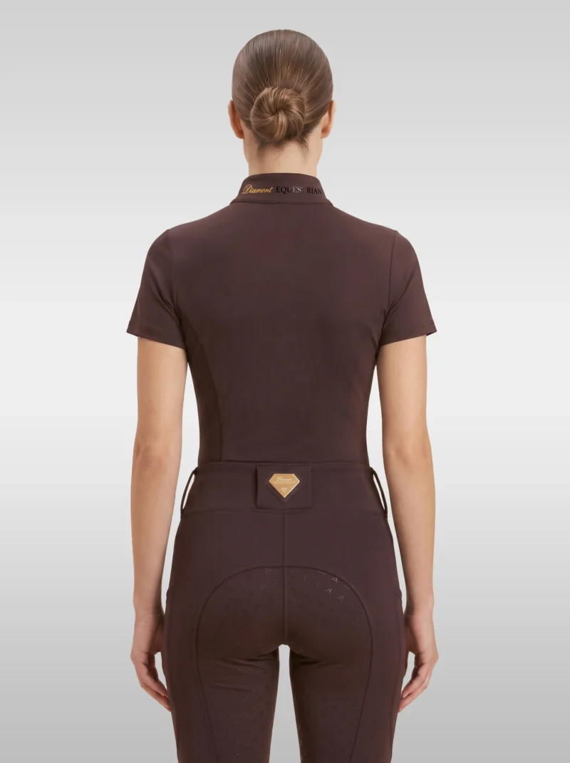 Back view of the chocolate brown Prestige riding shirt with Diamont lettering on the collar