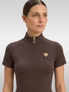 Front view of the chocolate brown Prestige base layer by Diamont Equestrian with high collar, gold zip and diamond badge