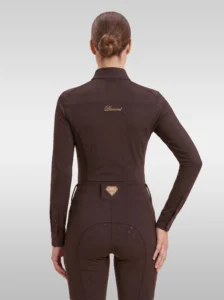 Back view of the chocolate brown Prestige long sleeve riding shirt with gold Diamont script across the shoulders