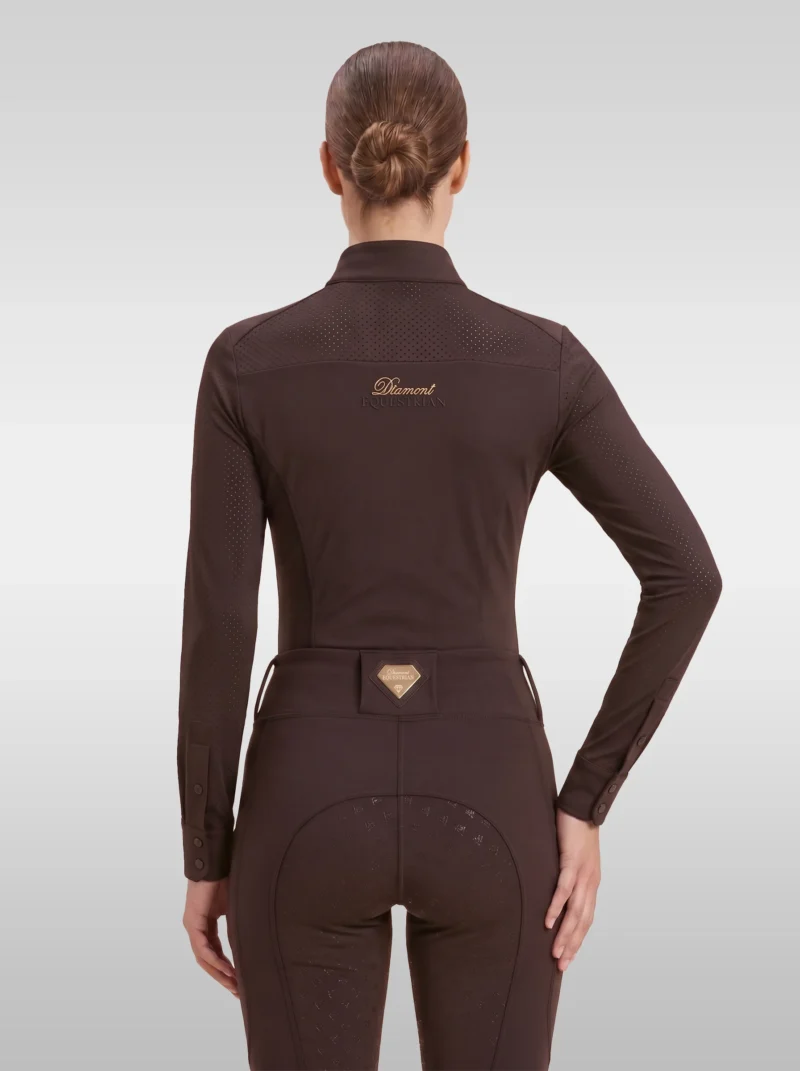 Back view of the chocolate brown Prestige long sleeve riding shirt with gold Diamont script across the shoulders