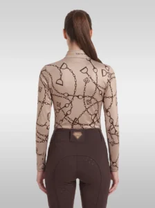 Back view of the beige Signature long sleeve riding shirt with all-over chain, bit and stirrup print