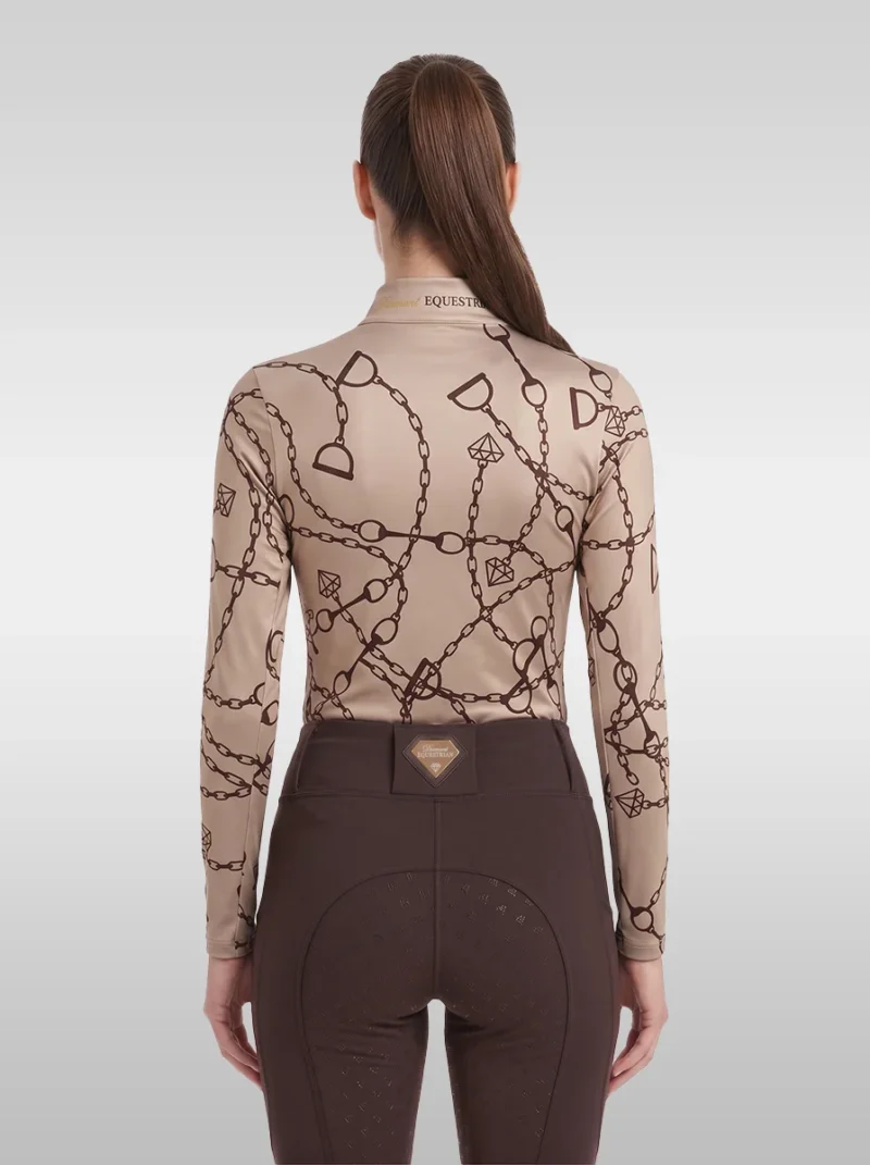 Back view of the beige Signature long sleeve riding shirt with all-over chain, bit and stirrup print